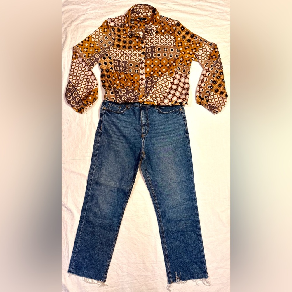 DREW Patchwork Print Gathered Front Button Up Blo… - image 11